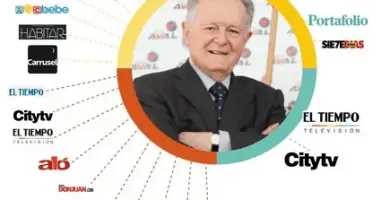 Imagen del señor Sarmiento Angulo, dueño de varios medios tradicionales de comunicación en Colombia. Está sentado en una silla detrás de un escritorio, y en el escritorio hay varios periódicos y revistas. En la pared detrás de él hay una gran pantalla de televisión.